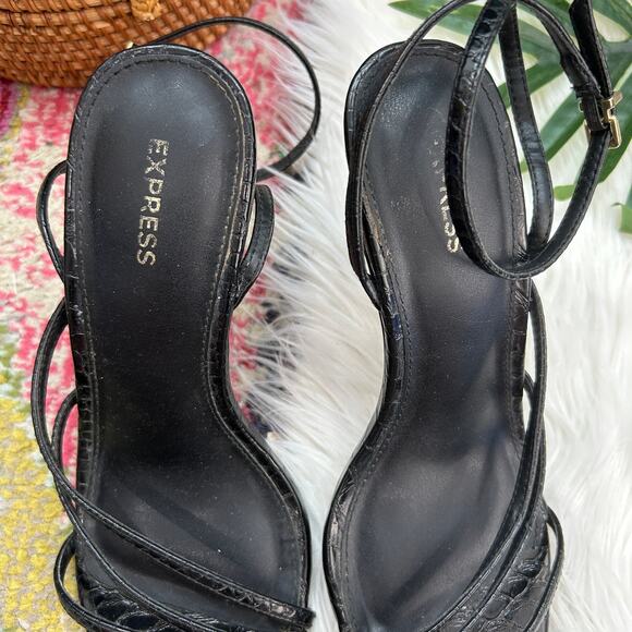 Express Black Pointed Toe Croc Strappy Ankle Strap Stiletto Heel Cocktail 8 - Picture 4 of 6